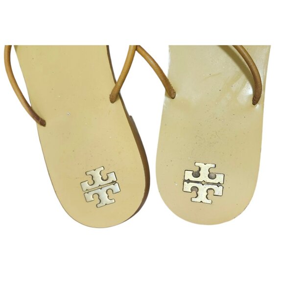 Tory Burch Women Leather Thong Sandals Gold Logo Beads Tan Flat Flip Flop Sze10M - Picture 6 of 8